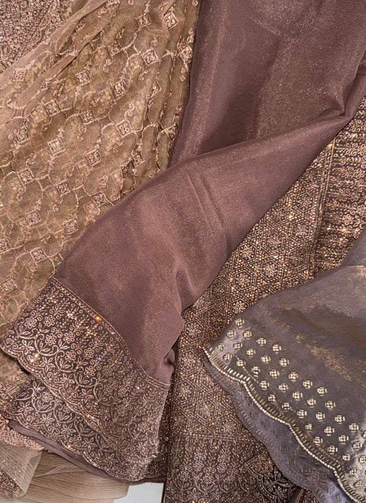 Mocha brown georgette saree with stone work border and pallu