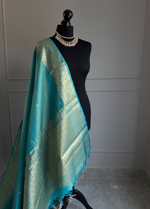 Turquoise blue firozi tissue silk saree with gold border and undertones.