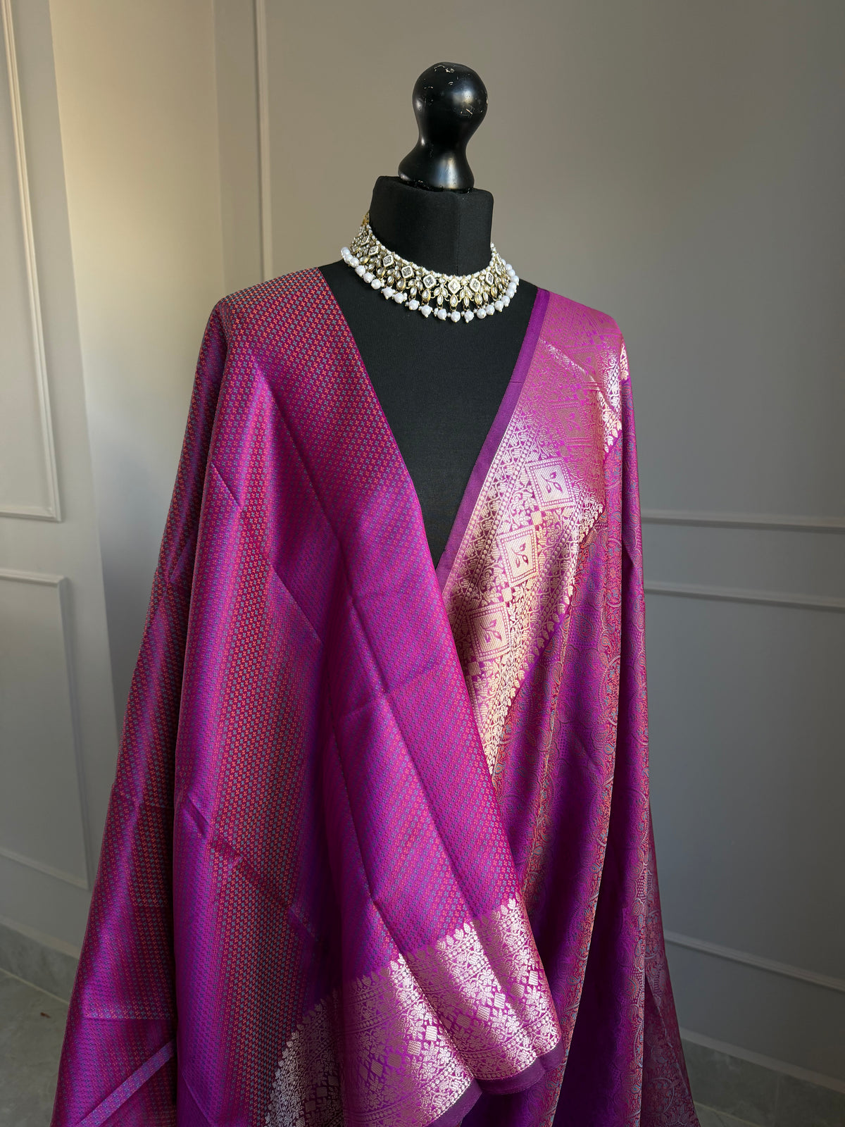 Magenta Jamdani weave soft silk saree