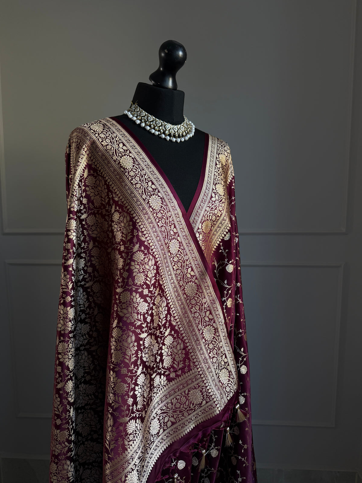 Deep Burgundy Banarasi Silk Saree with Intricate Gold Zari Floral Weave | Wine Maroon Indian Wedding & Occasion Saree