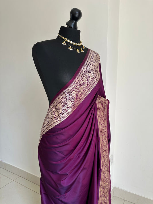 Purple and gold katan semi silk wedding saree with  gold zari. Stunning soft and elegant saree for bridal and occasion wear