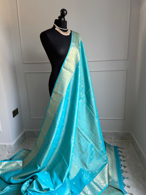 Turquoise blue firozi tissue silk saree with gold border and undertones.