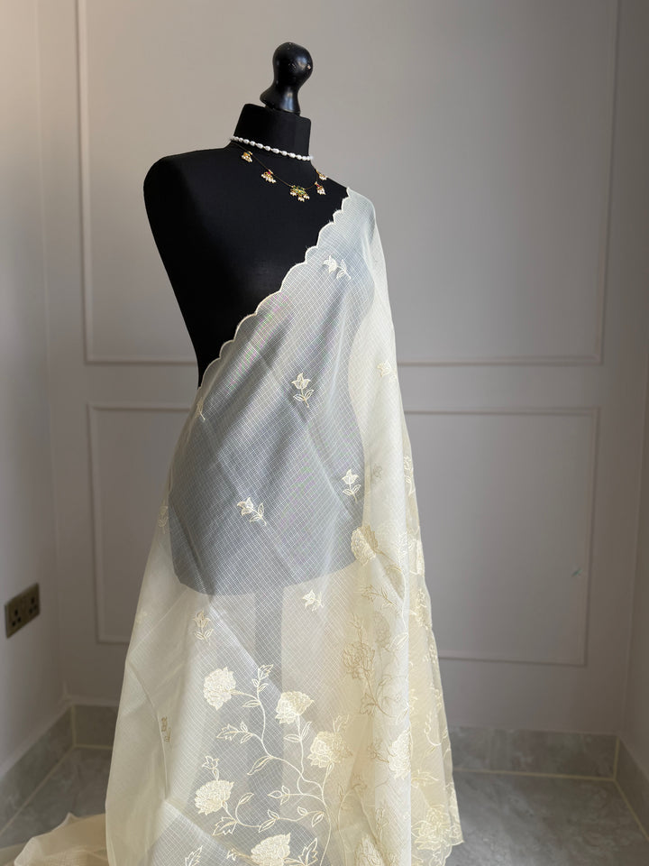 Cream Kota silk saree with floral embroidery - LaiLai Sarees