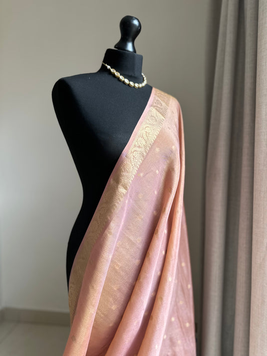 Dual-toned pink and Gold Tissue Saree: Soft to drape with zari border and buta, Unstitched brocade Blouse, Wedding Events