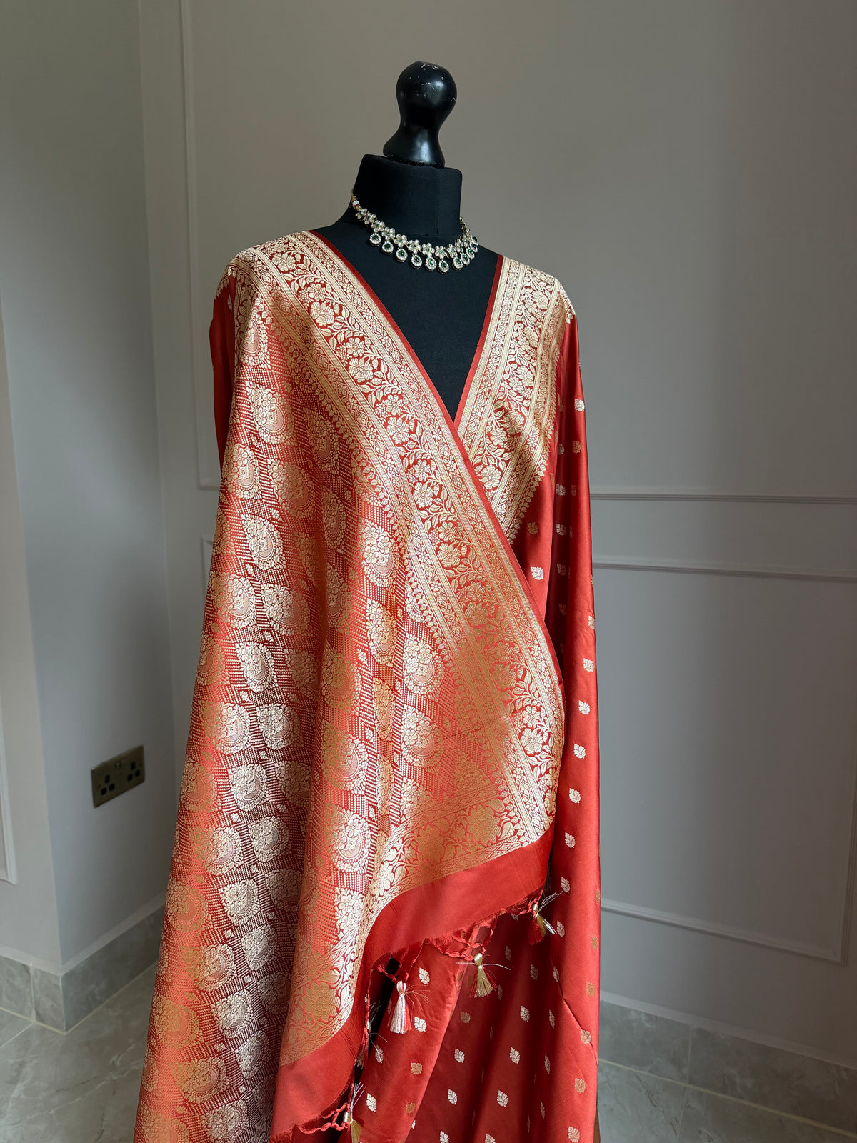 Classic brick red Banarasi Silk Saree with Gold Zari and satin finish