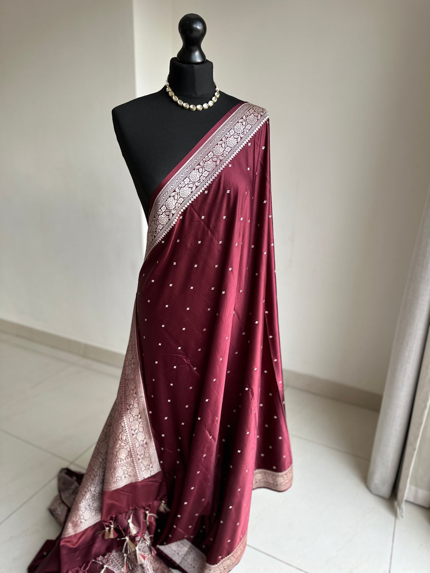 Banarasi katan silk wedding saree in maroon, with champagne gold Zari