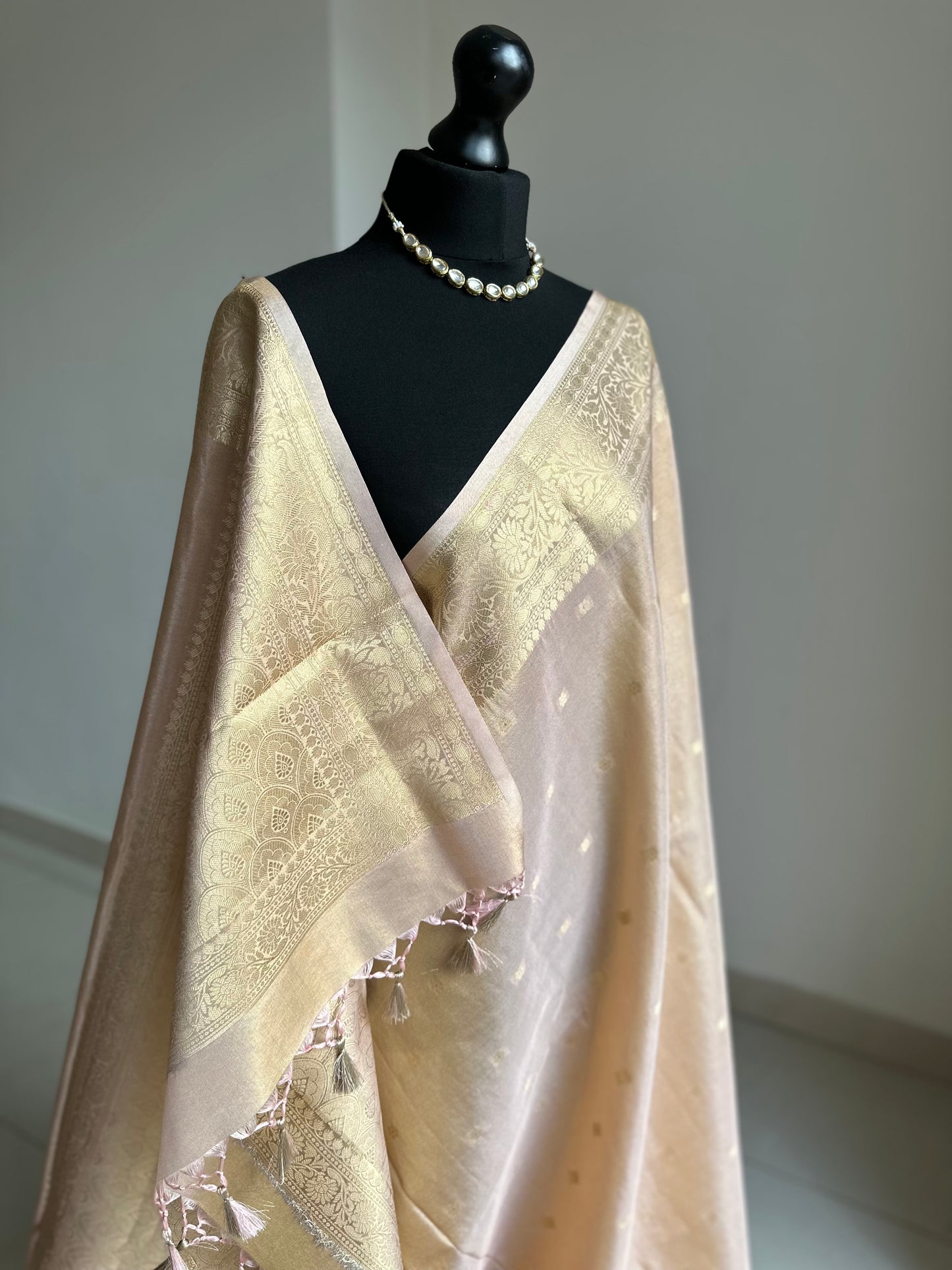 Rose-gold and Gold Tissue Saree: Soft to drape with zari border and buta, Unstitched brocade Blouse, Wedding Events