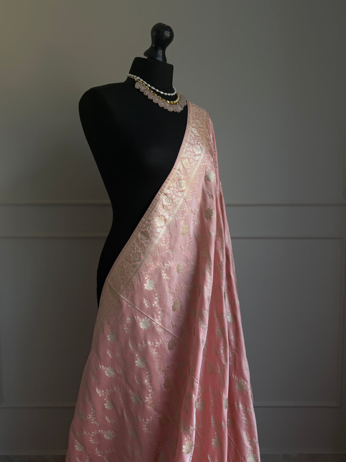Muted Peach Pink Banarasi Saree with Champagne Gold Zari