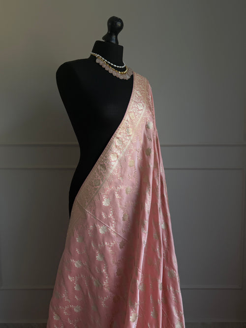 Muted Peach Pink Banarasi Saree with Champagne Gold Zari