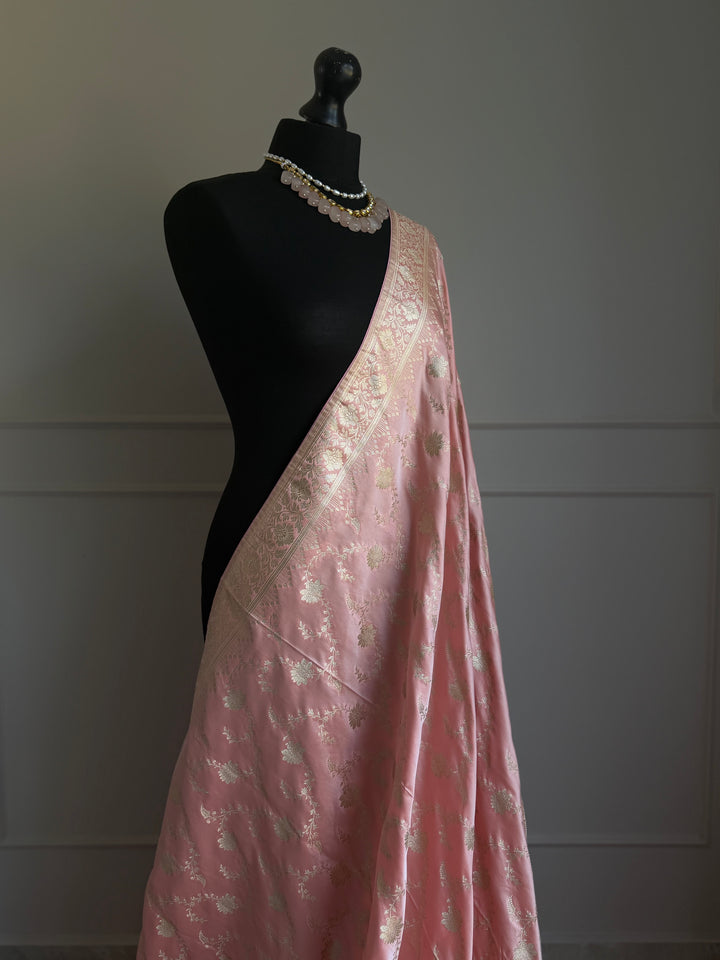 Muted Peach Pink Banarasi Saree with Champagne Gold Zari