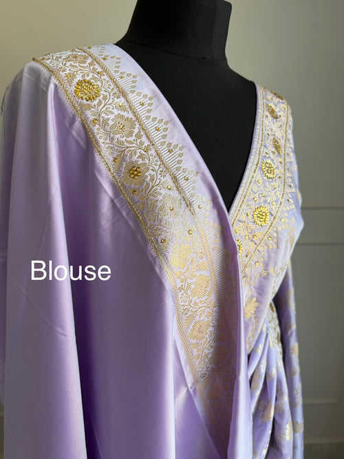 Lilac Banarasi Saree with Champagne Gold Zari and Cutdana Work