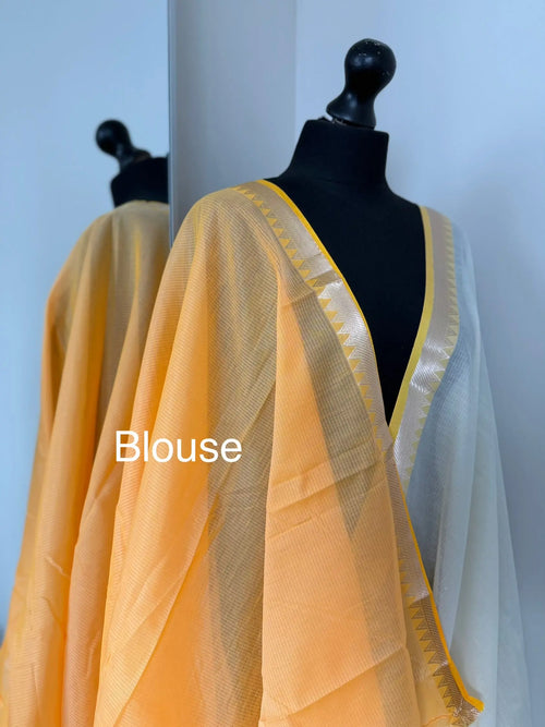 White Cotton Saree with Yellow Zari Border