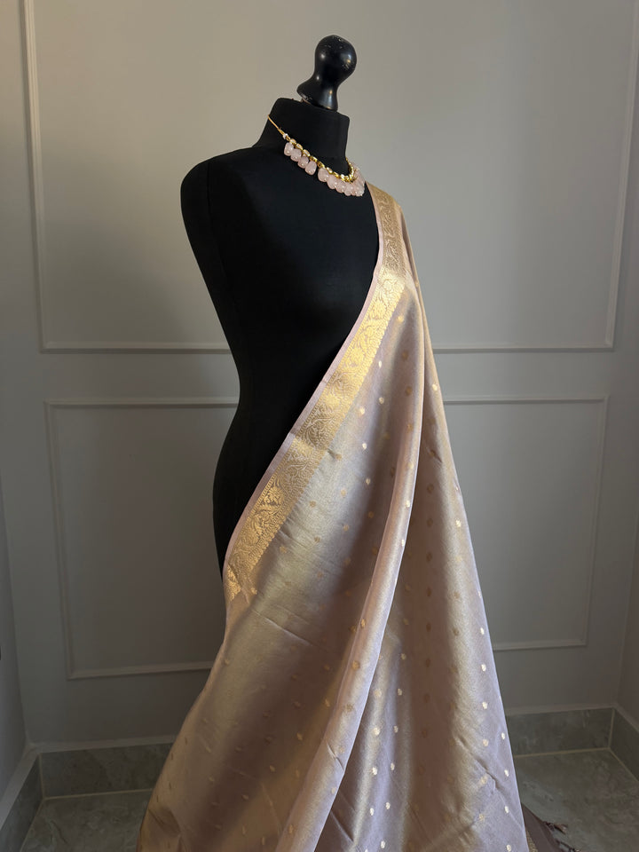Mauve and gold tissue saree with zari border and buta, unstitched brocade blouse - LaiLai Sarees