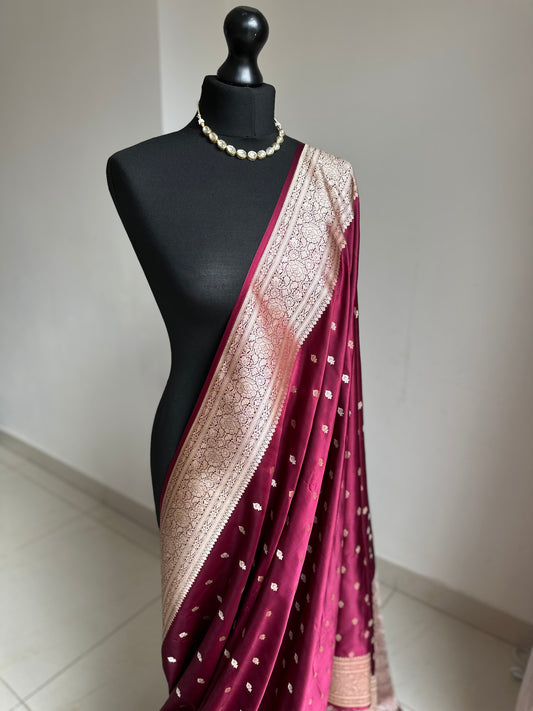 Banarasi silk in wine Wedding Saree with gold Zari. Gold maroon koorai Saree Traditional Saree with plain contrast blouse with Fall Pico