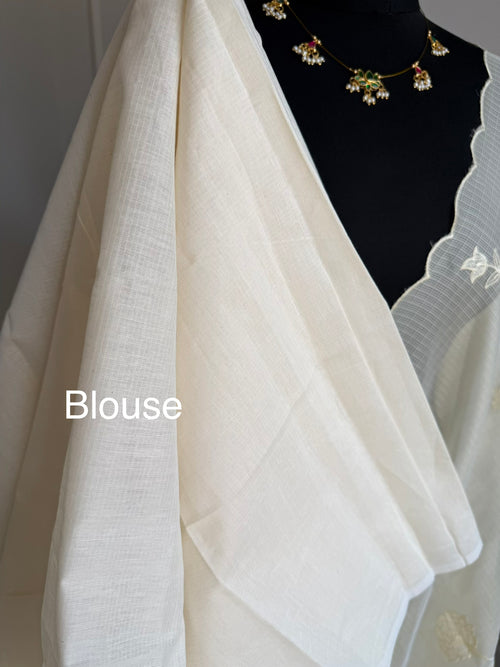 Cream Kota Silk Saree with Floral Embroidery