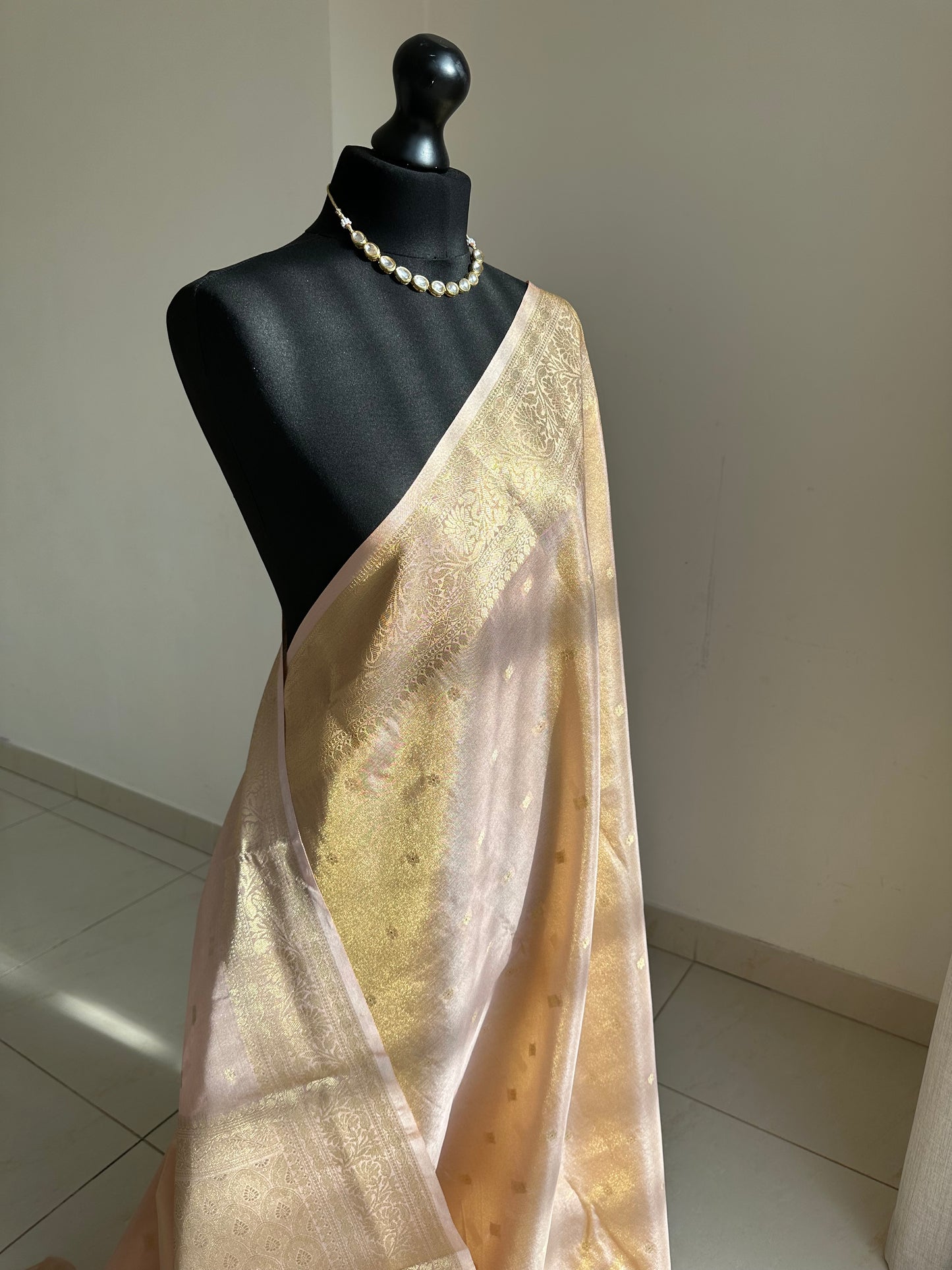 Rose-gold and Gold Tissue Saree: Soft to drape with zari border and buta, Unstitched brocade Blouse, Wedding Events