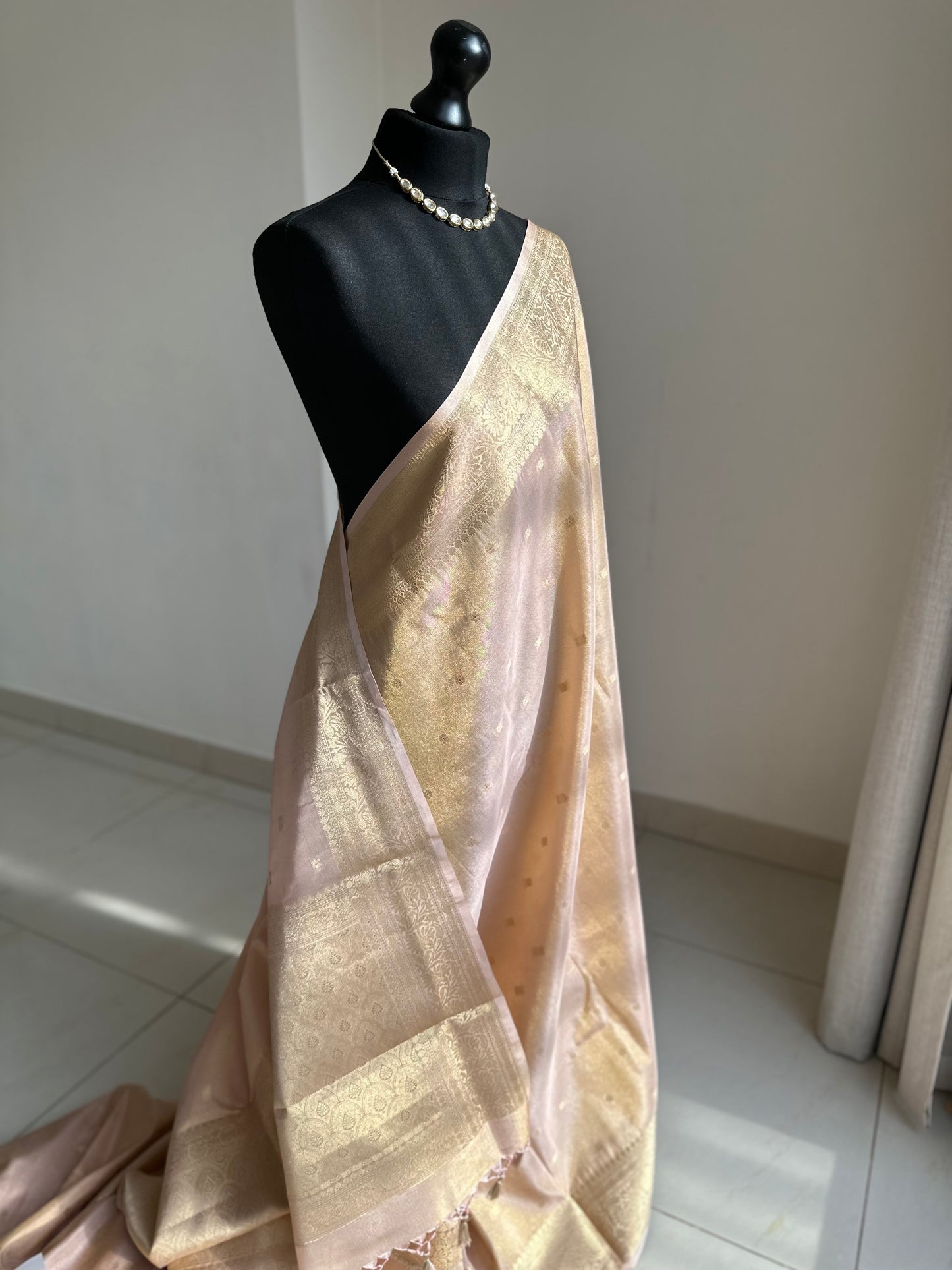 Rose-gold and Gold Tissue Saree: Soft to drape with zari border and buta, Unstitched brocade Blouse, Wedding Events