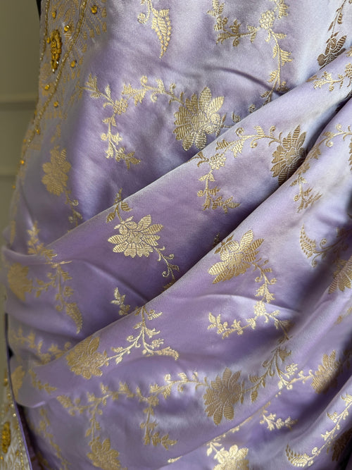 Lilac Banarasi Saree with Champagne Gold Zari and Cutdana Work