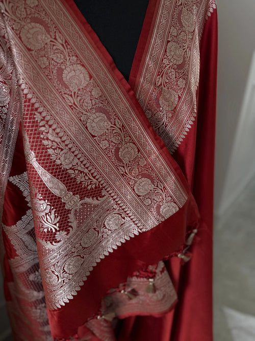 Crimson Red Banarasi Mashru Silk Saree with Gold Zari