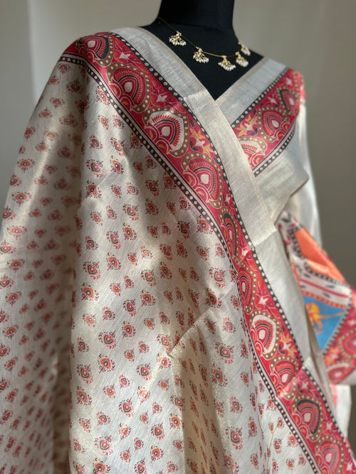 Cream Art Tissue Silk Saree with Kalamkari Border