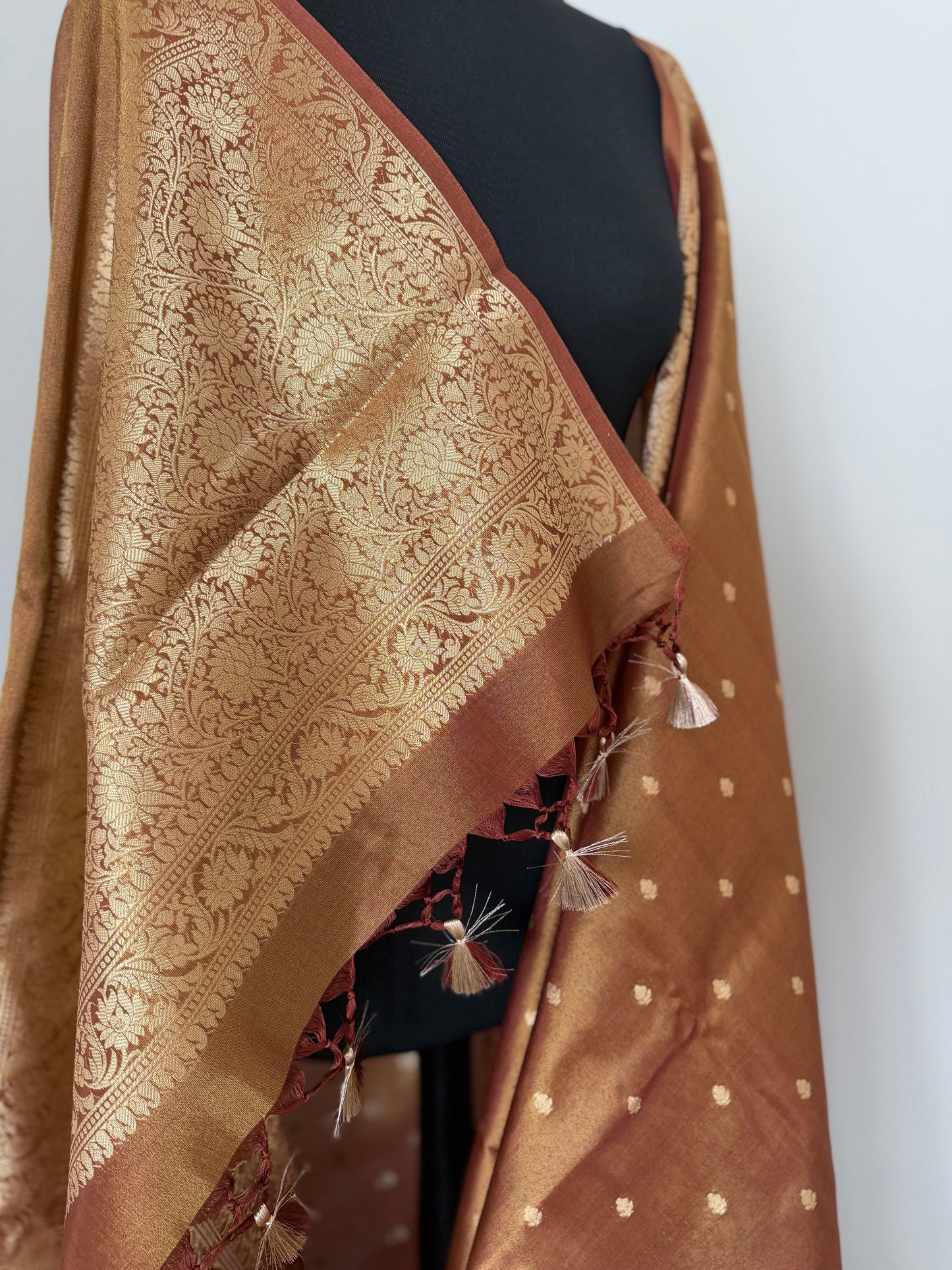 Golden brown dual toned shimmer soft tissue saree with border and unstitched brocade blouse.