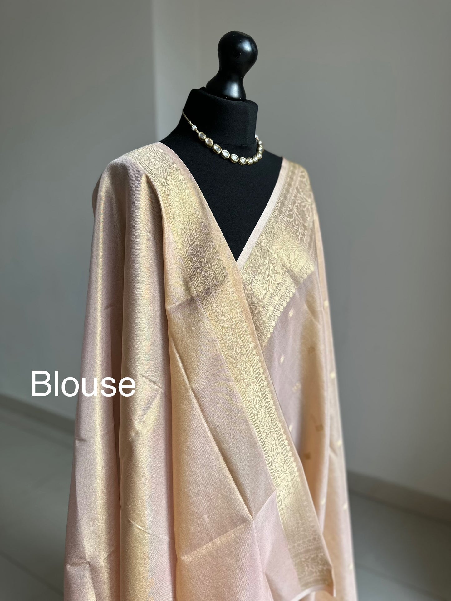 Rose-gold and Gold Tissue Saree: Soft to drape with zari border and buta, Unstitched brocade Blouse, Wedding Events