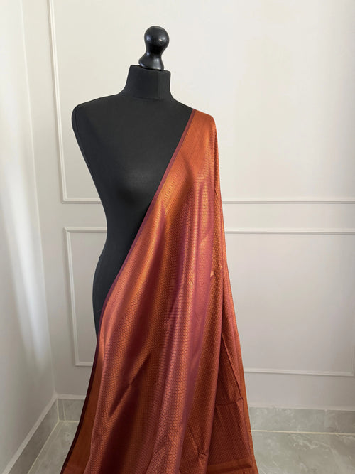 Chocolate Brown Soft Silk Saree with Copper Border