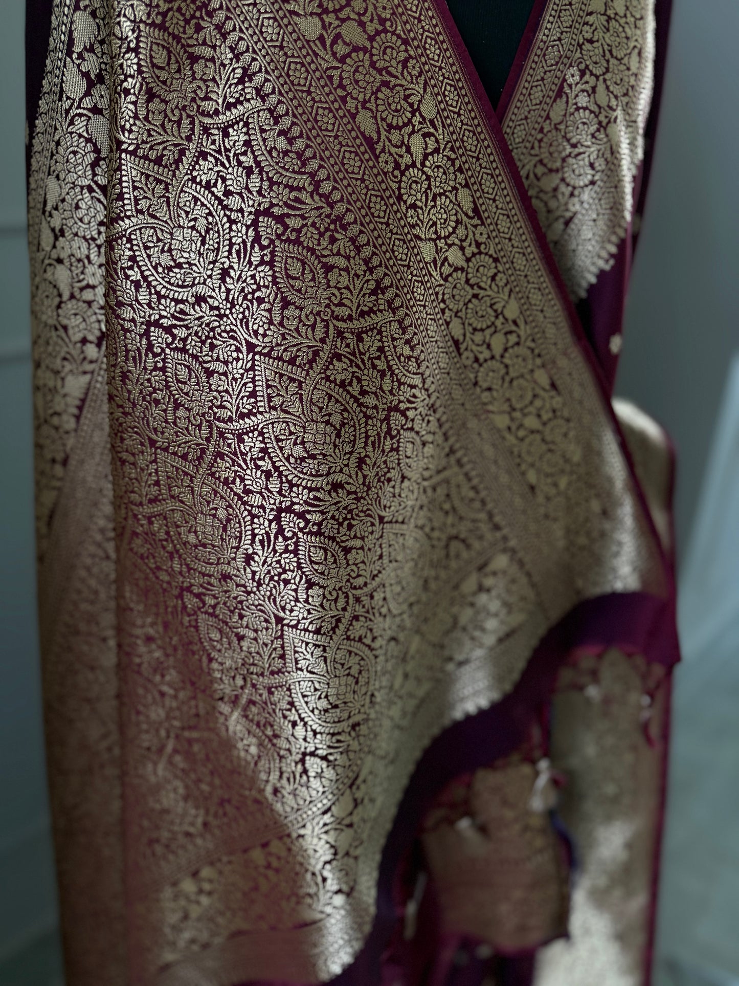 Banarasi Wedding Saree in Wine with gold Zari