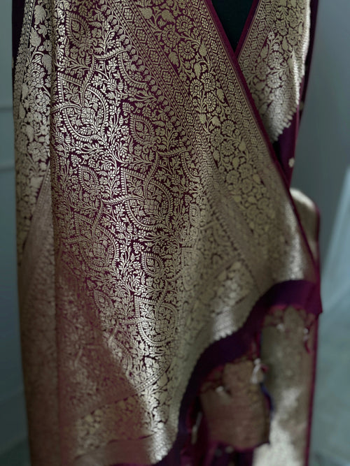 Wine Banarasi Silk Wedding Saree with Gold Zari