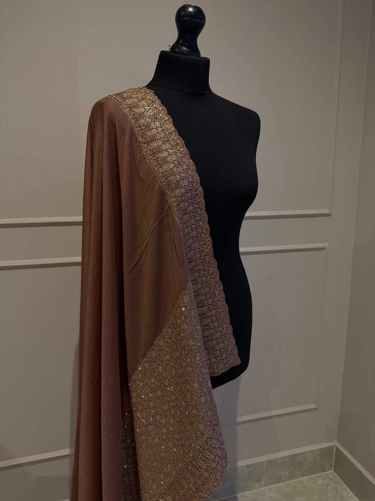 Mocha brown georgette saree with stone work border and pallu