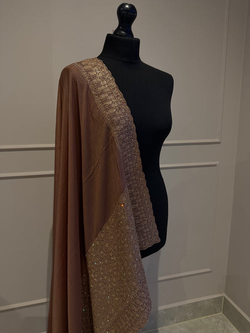 Mocha brown georgette saree with stone work border and pallu