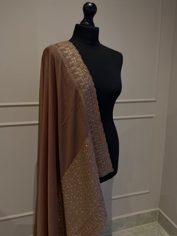 Mocha brown georgette saree with stone work border and pallu