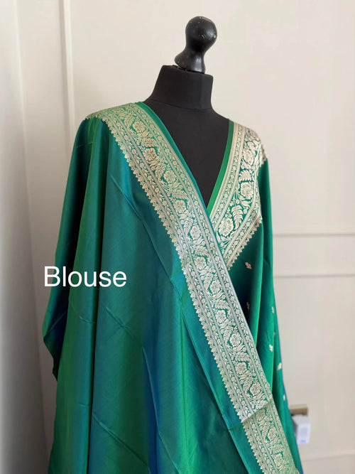 Peacock Green and Blue Banarasi Silk Saree with Gold Zari