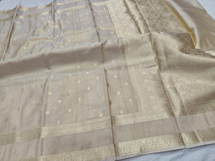 Cream and Gold Tissue Silk Saree with Zari Border - Perfect for All Occasions