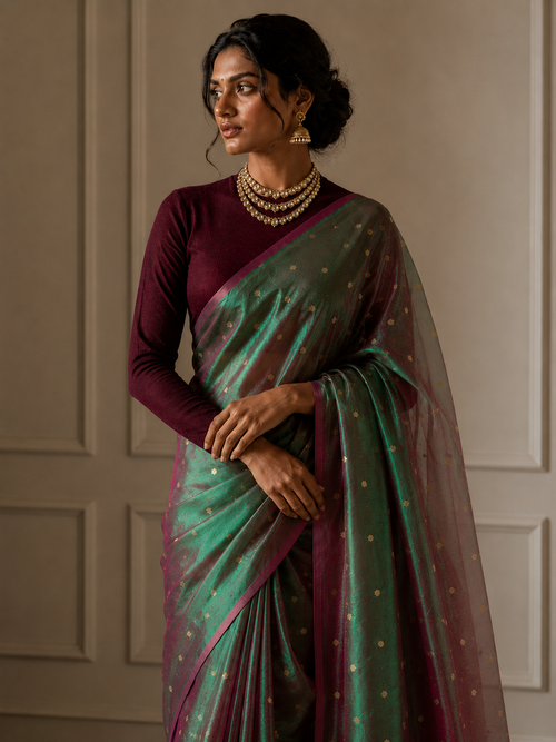 Green and Wine Dual-Tone Tissue Saree