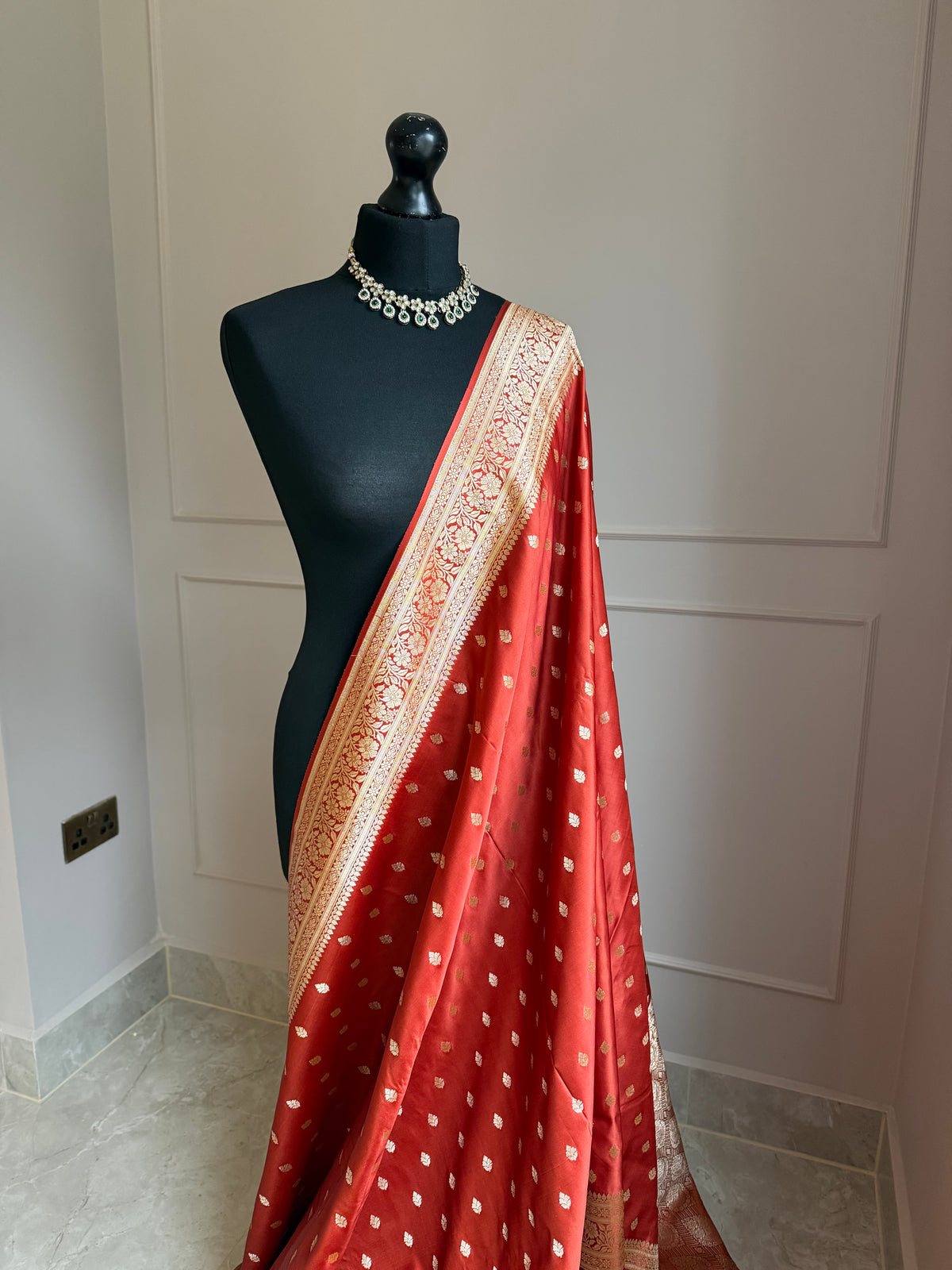 Classic brick red Banarasi Silk Saree with Gold Zari and satin finish