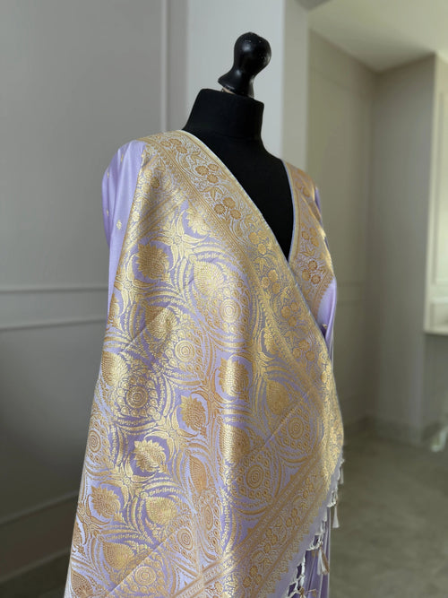 Soft Lilac Banarasi Silk Saree with Gold Zari