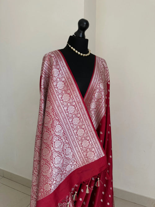 Sample Sale: Vintage Red Banarasi Silk Saree with Gold Zari. Comes with Readymade blouse size 8