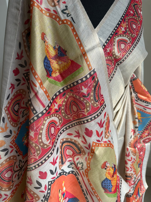 Cream Art Tissue Silk Saree with Kalamkari Border