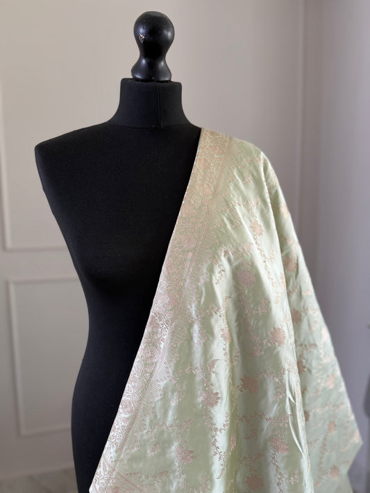 Elegant muted sage green Banarasi Saree with champagne gold Zari