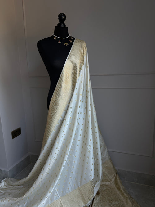 Ivory Banarasi Katan Silk Saree with Gold Zari