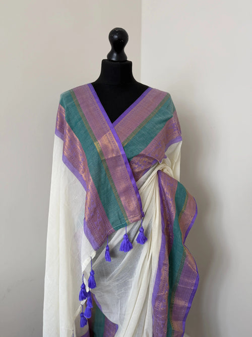 White Mul Cotton Saree with Purple and Sea Green Border