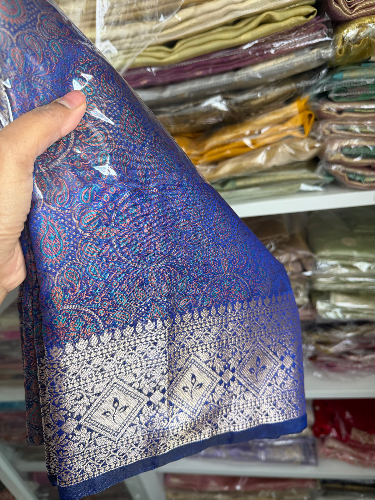 Blue Jamdani weave soft silk saree