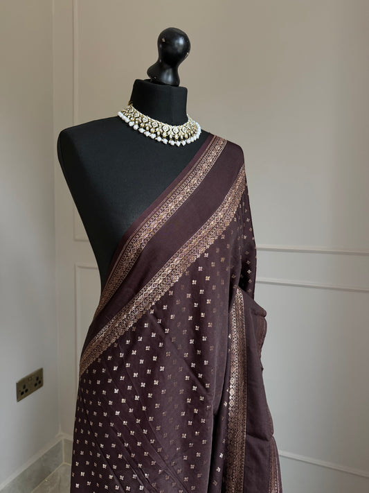 Chocolate brown handloom silk saree with gold zari border | wedding saree Traditional silk saree