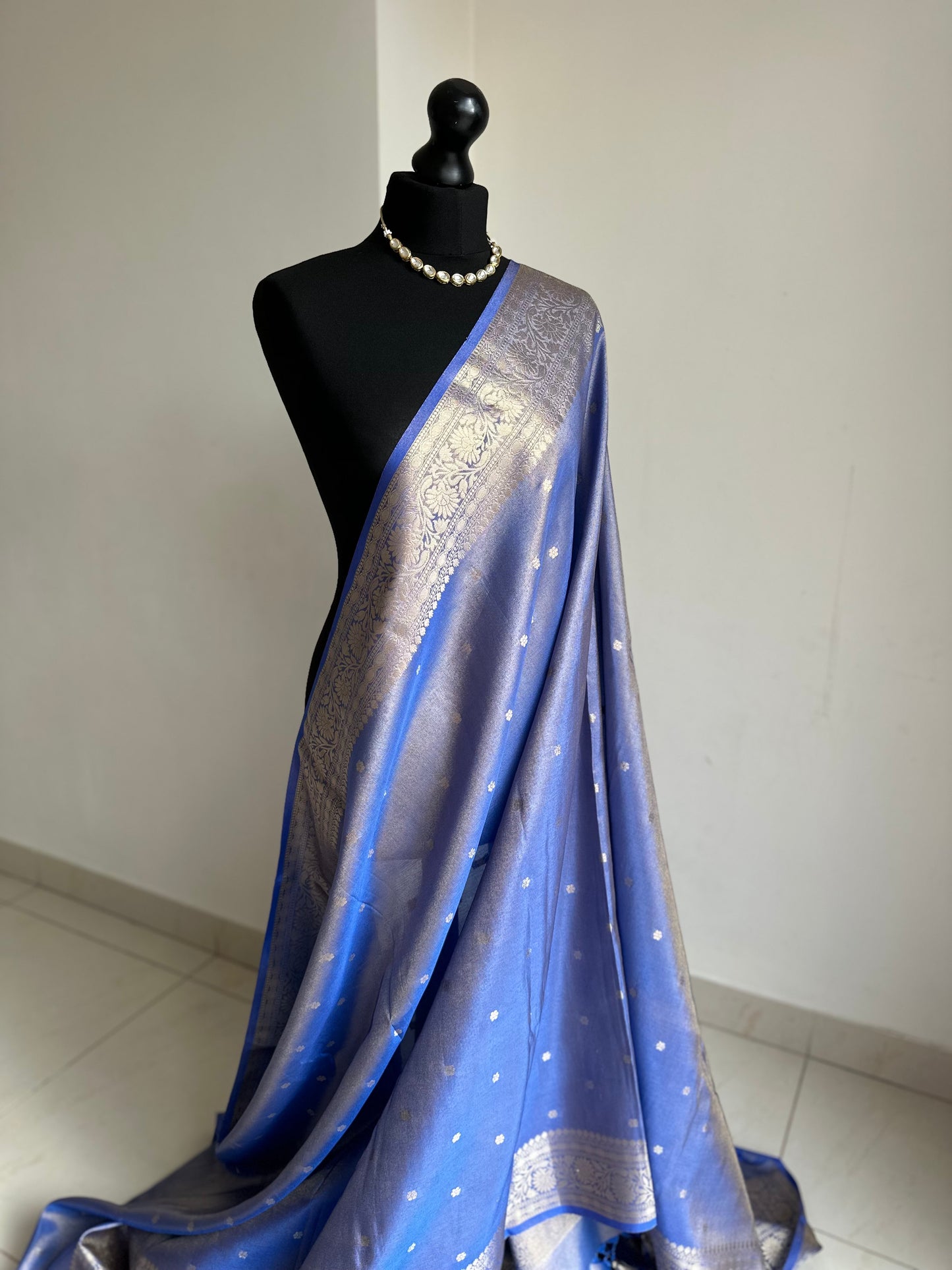 Blue banarasi tissue silk saree with gold zari border