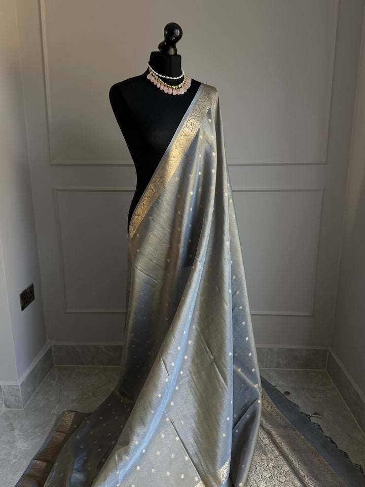 Silver grey tissue silk saree with gold zari and undertone - LaiLai Sarees