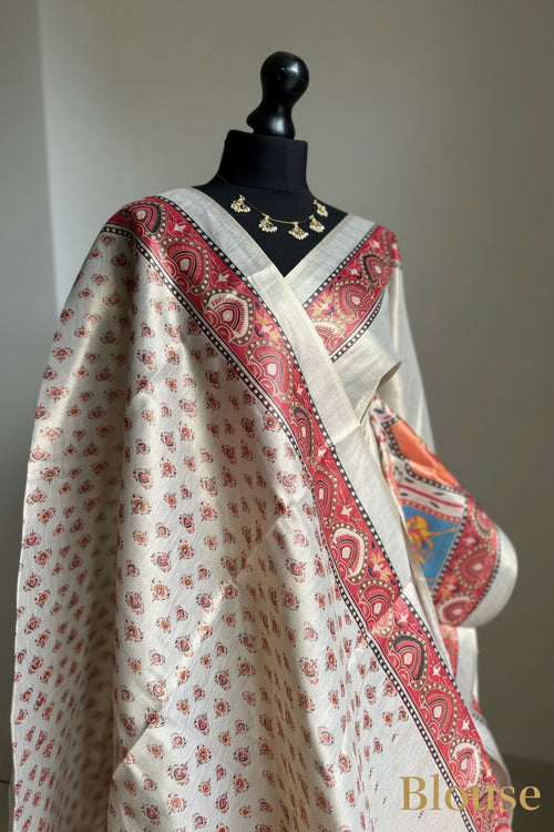 Cream Art Tissue Silk Saree with Kalamkari Border