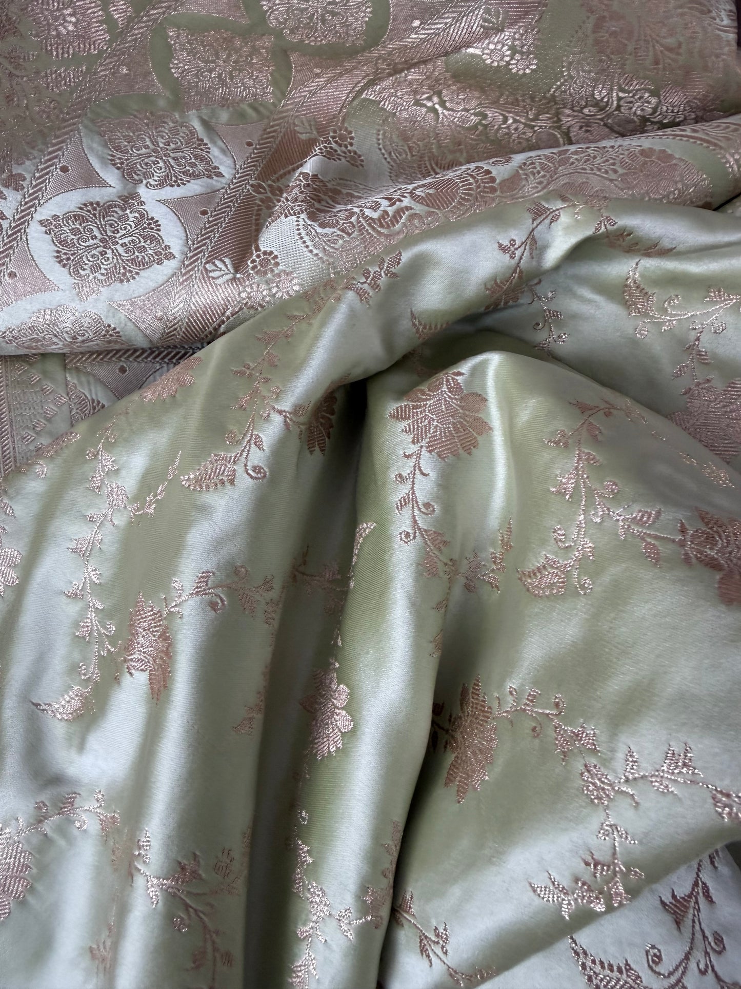 Elegant muted sage green Banarasi Saree with champagne gold Zari