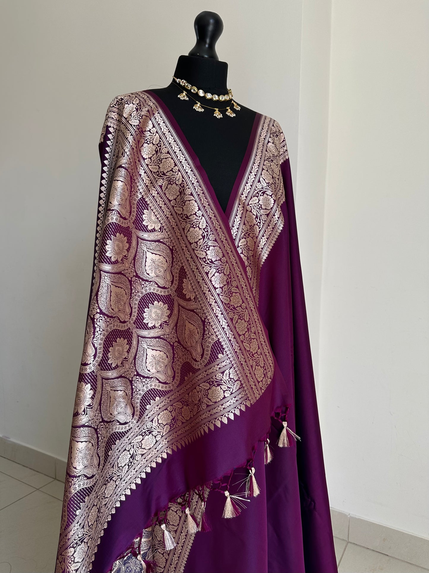 Purple and gold katan semi silk wedding saree with  gold zari. Stunning soft and elegant saree for bridal and occasion wear
