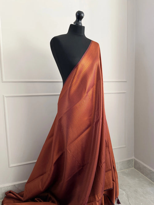 Chocolate Brown Soft Silk Saree with Copper Border